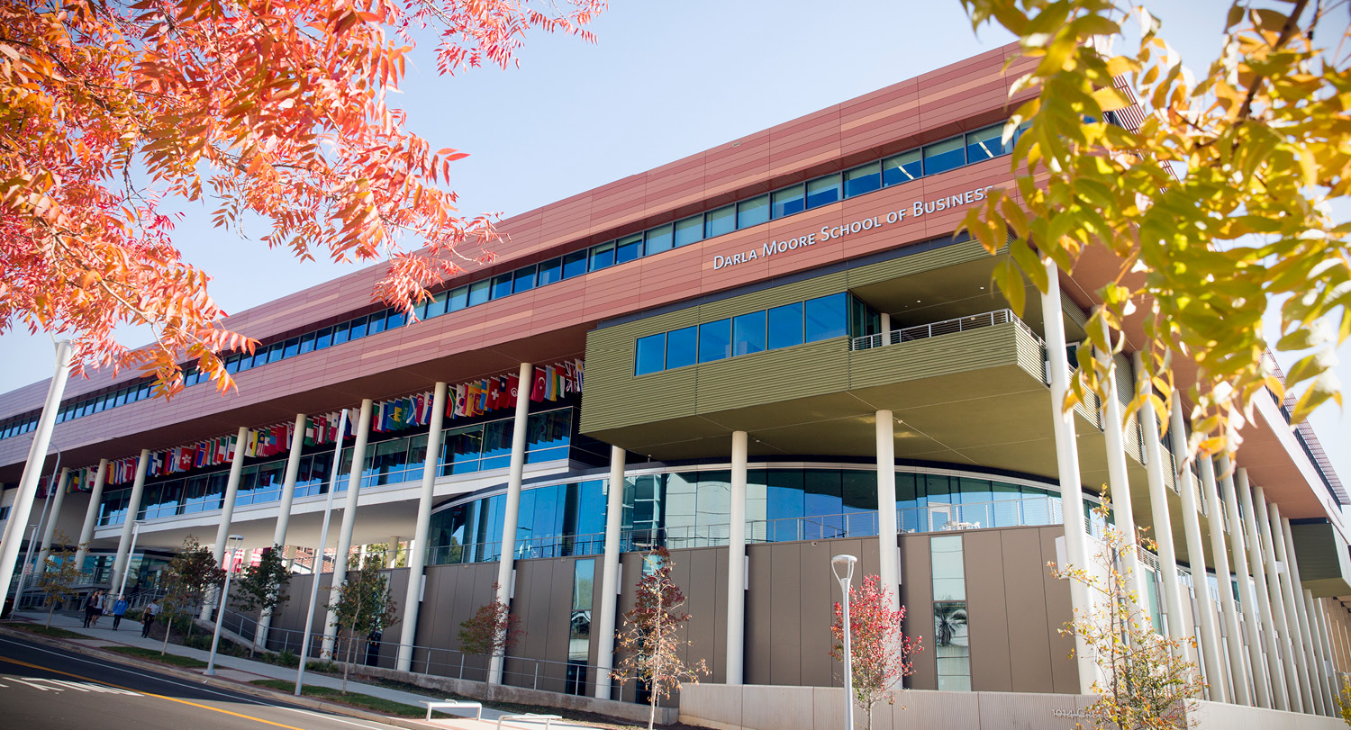 The Darla Moore School of Business building on a beautiful fall day.
