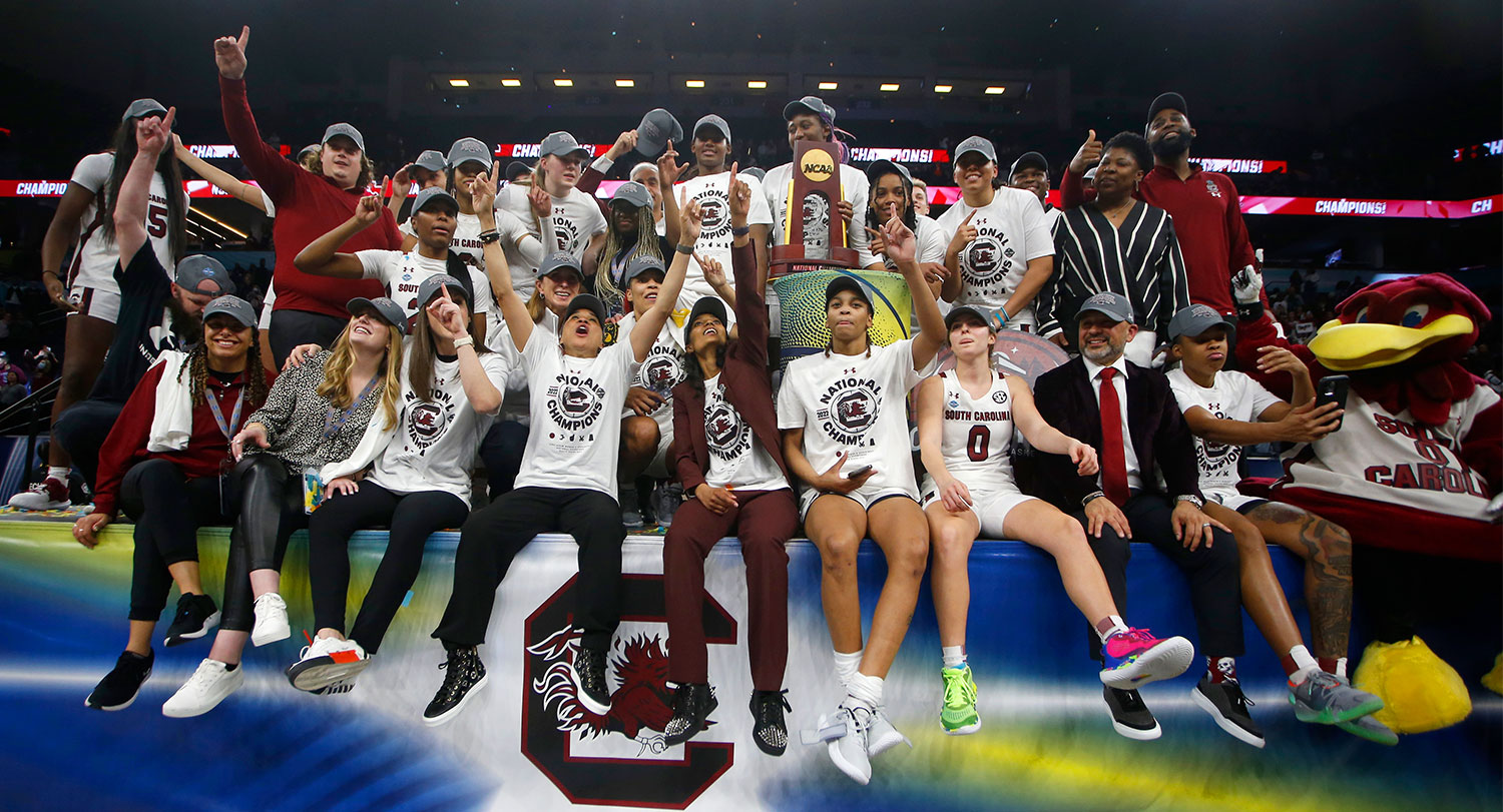 The women's basketball team celebrating after winning the NCAA National Championship.