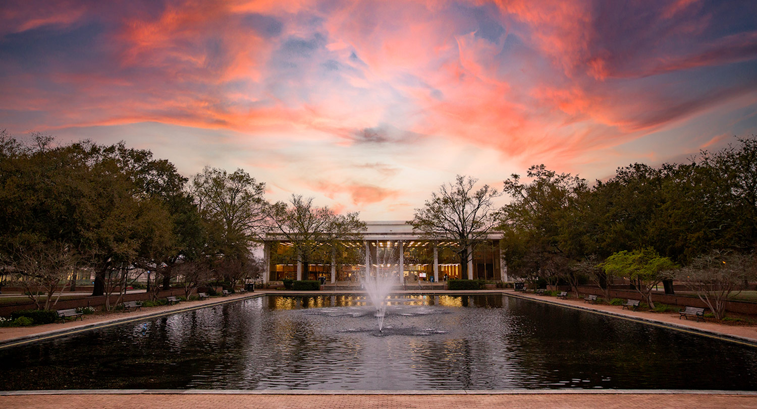 The reflecting pond in front of Thomas Cooper Library with a sunset in the background.