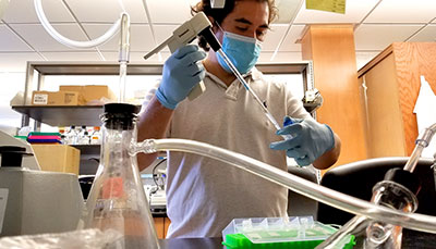 Researcher working in a lab holding a pipette. 