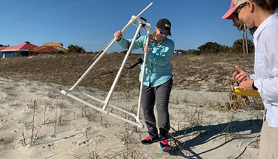 Researchers placing scientific equipment on the sand dunes at a beach. 