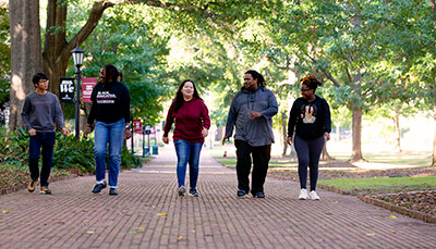 A group of students walking on the brick path on the Historic Horseshoe. 
