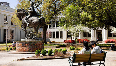 The courtyard in front of Wardlaw College with a statue of a man on a horse surrounded by benches. 