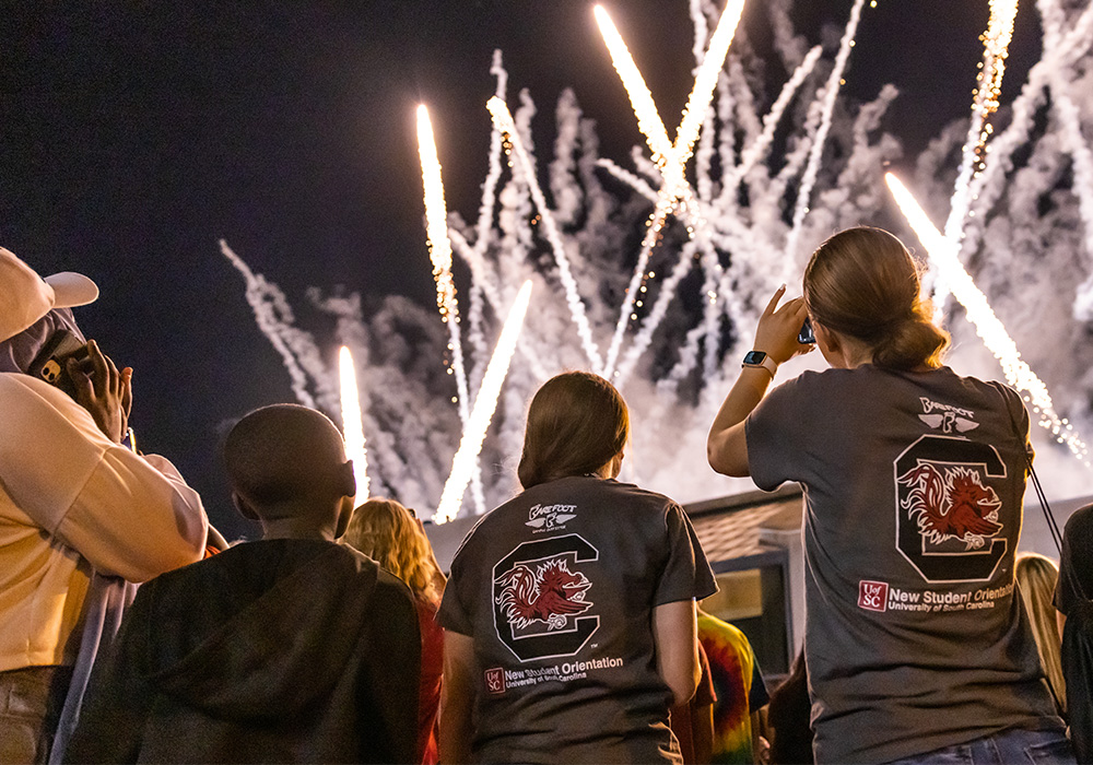 Students watch fireworks over the Russell House. 
