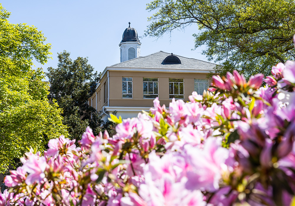 The top of a building with a cupola a surrounded by trees and flowers in the foregroung.