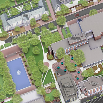 3D rendering of the Russell House on Greene Street from the campus map.