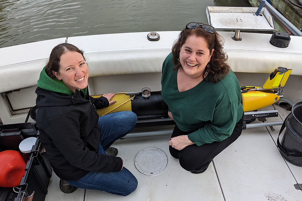 Meyer-Gutbrod (left) and Catherine Edwards of UGA Skidaway Institute of Oceanography with the glider