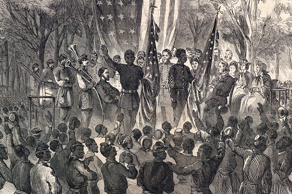 Engraving from Harper's Weekly of the 1st SC Volunteer Infantry Regiment on Emancipation Day, with Robert Sutton addressing those gathered.