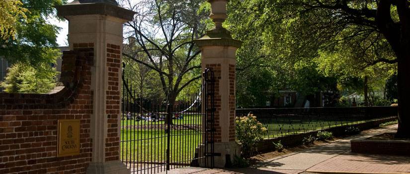 Iron gates with a USC plaque on them. 