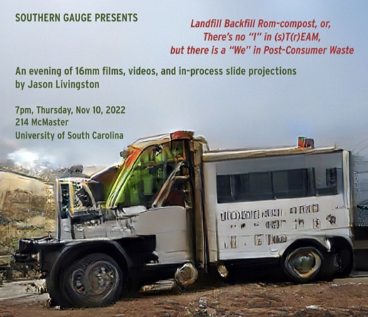 Flyer for Livingston event; a broken down garbarge truck with event info