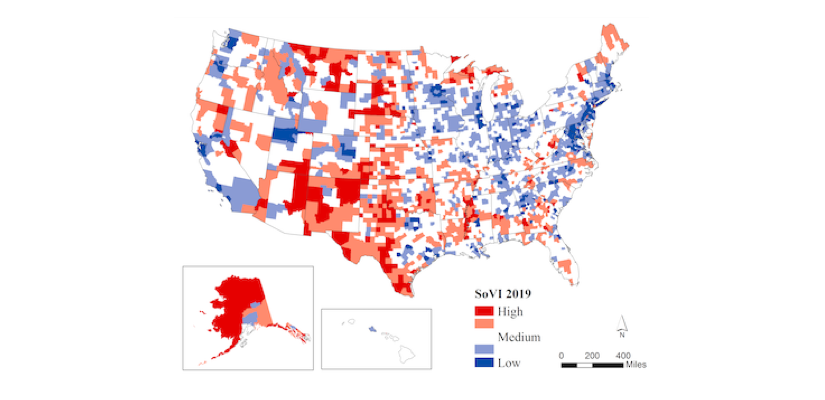 US map showing vulnerability to hazards at the county level, 2019 data