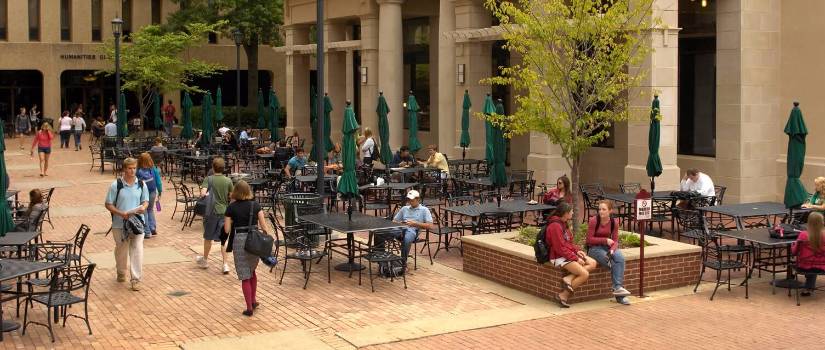 Students outside the language building.