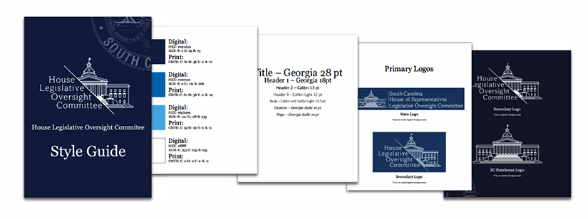 Image shows various mockups of a style guide for the House Legislative Oversight Committee, including color scheme, typefaces and logos.