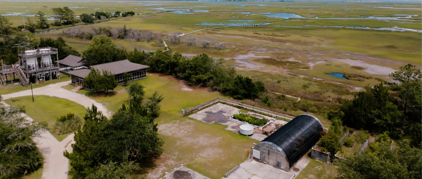Aerial view of Baruch Marine Field Lab beside a coastal salt marsh.
