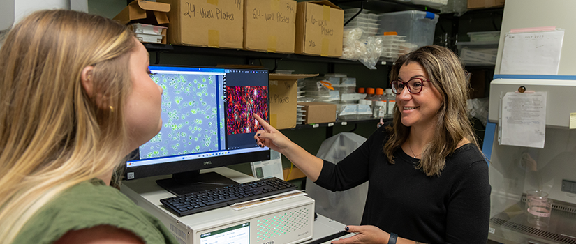 Ashley Kalinski, assistant professor of biological sciences, discusses nerve cell images with a student in her University of South Carolina lab.