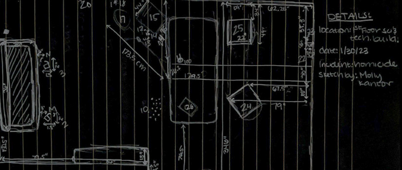 Crime scene sketch on notebook paper, colors inverted. In upper right-hand corner, handwritten text reads, “Details – location: 1st floor Science & Technology building, date: 1/30/23, incident: homicide, sketch by: Molly Kantor.”