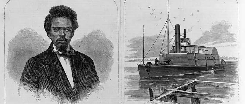 Engraving of Roberts Smalls next to an engraving of a steamer ship. 1862 image.