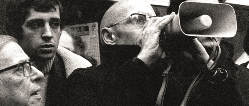 the cover of Foucault’s Seminars on Antiquity: Learning to Speak the Truth.  Man with megaphone 