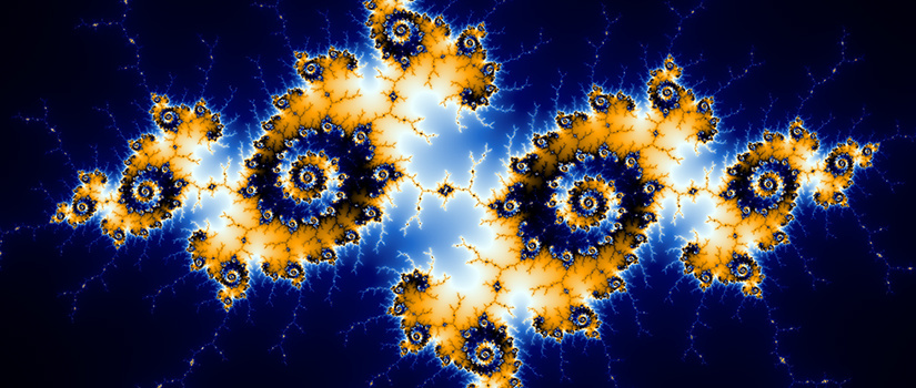 Artistic image of yellow swirls on blue background, representing fractal geometry known as a Mandelbrot set.