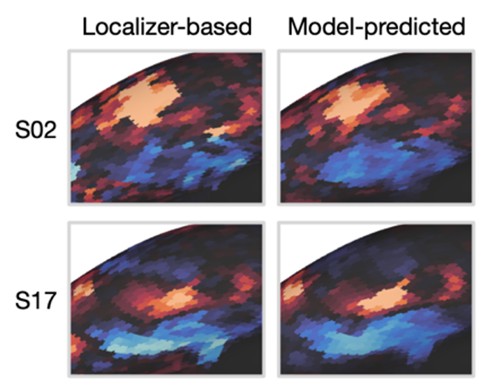 Brain maps compare language regions identified through traditional localization with model-predicted regions and show language-response patterns across three individual brains.