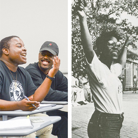 Students in a classrom and a seprate image of a black and white yearbook photo of a student raising her arms in celebration