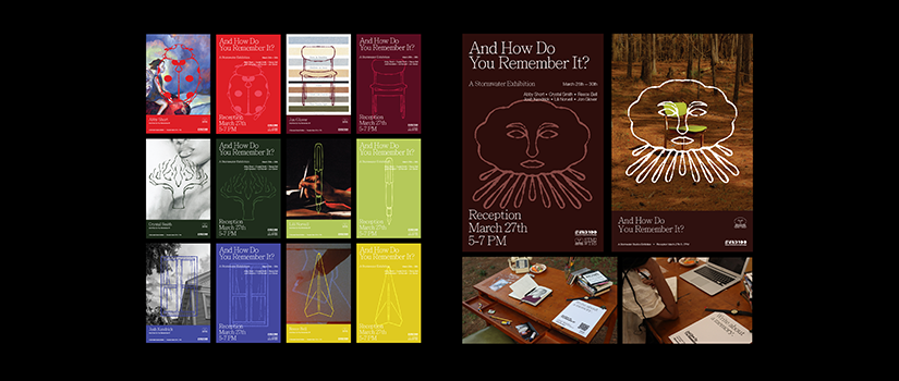 Collection of colorful poster designs and exhibition materials arranged in a grid, alongside event signage and printed pieces displayed in a gallery setting, showcasing branding, typography and visual identity work.