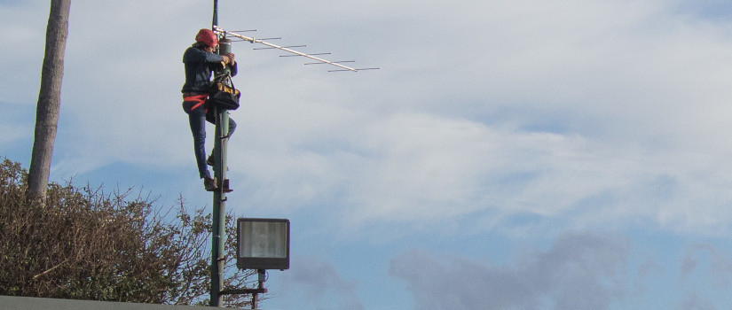Julian Garcia Walther climbs a pole and works on installing an antenna that will track bird movement.