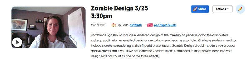 : A screenshot showing Valerie Pruett explaining the requirements of the zombie makeup assignment.