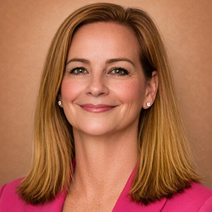 a woman smiling with a teal top on