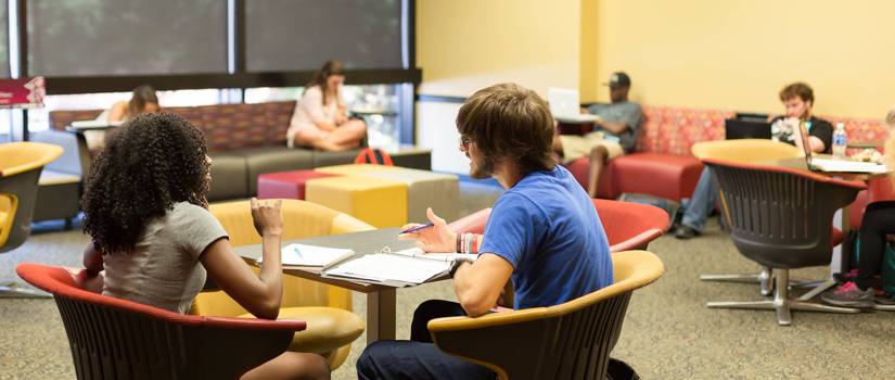 Two students sitting in comfy chairs, in the midst of a discussion