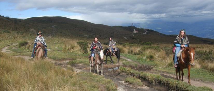 Four women on horses in a hilly countryside