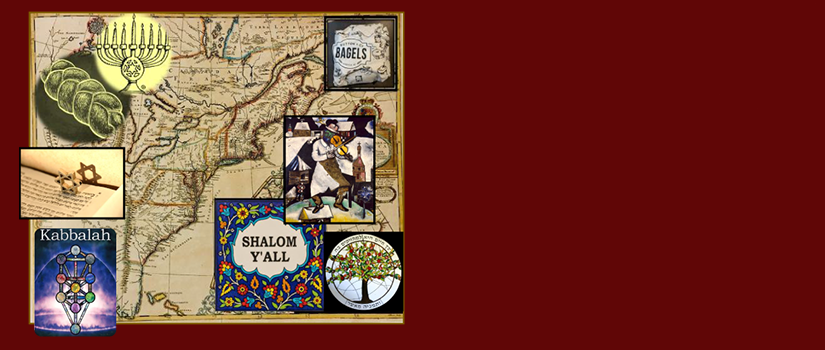 Collage of Jewish imagery over a vintage U.S. map—menorah, challah, Torah scroll with Star of David, “Shalom Y’all” tile, bagel sign, Kabbalah diagram, fiddler, and Tree of Life—on a garnet background.