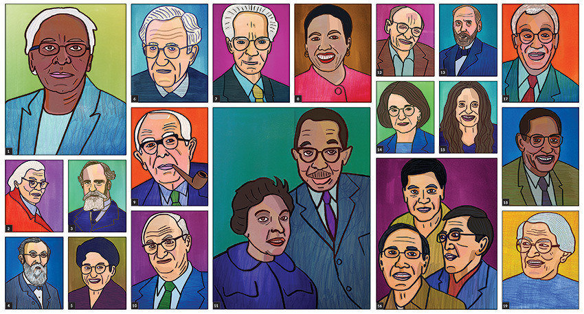 A painted mural shows an assortment of important figures in the field of psychology. The figures are painted in an animated style as busts set against colorful backgrounds.