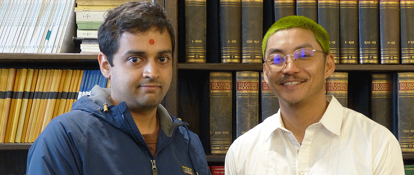 Professor Marko Geslani, right, with a colleague at the University of Toronto during the Department of Religious Studies Lecture Series interview.