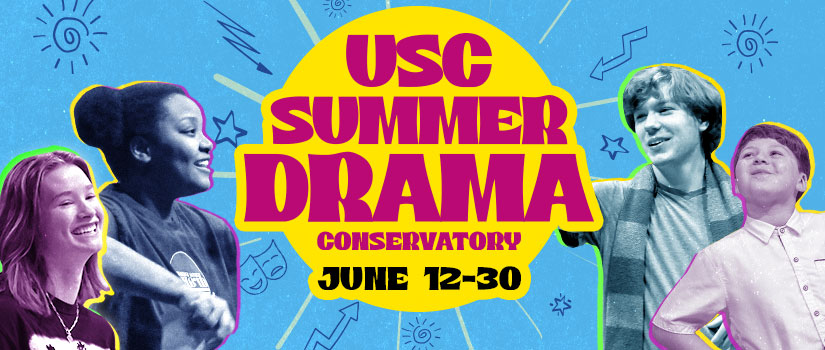 Logo for USC Summer Drama Conservatory in yellow and magenta surrounded by photos of children smiling and images of hand drawn doodles.