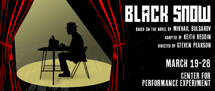 Black Snow Poster Image, writer at a desk in silhouette on a stage