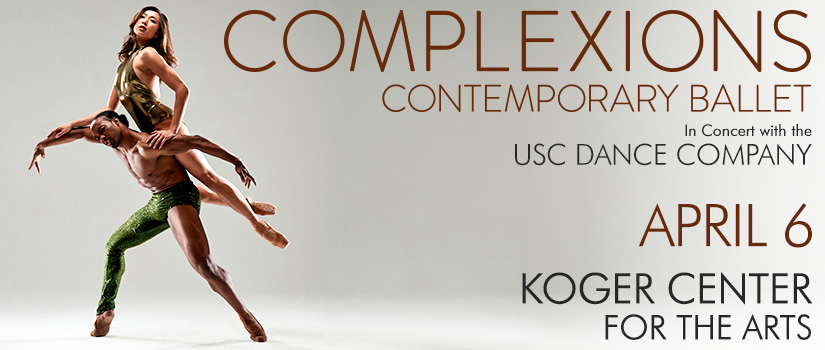 Male and female dancer on left next to Complexions Contemporary Ballet logo on right.