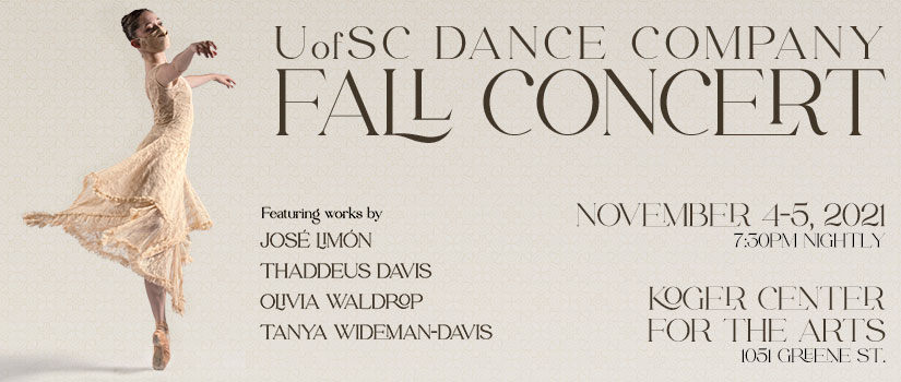 Female dancer on pointe in mid-spin, dressed in tan colored lace dress against a tan colored background, with UofSC Dance Company Fall Concert title next to her.