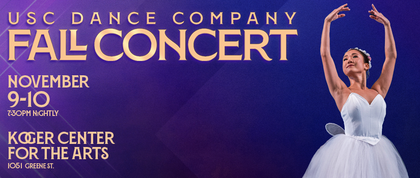 A female ballet dancer on the right against a purple background with the text "USC Dance Company Fall Concert" in gold on the left side.