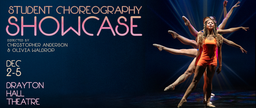 On the left, 5 dancers stand in a single file line, one behind the other, with legs and arms radiating out at different heights. An African American female dancer stands the front wearing an orange unitard romper and braids.