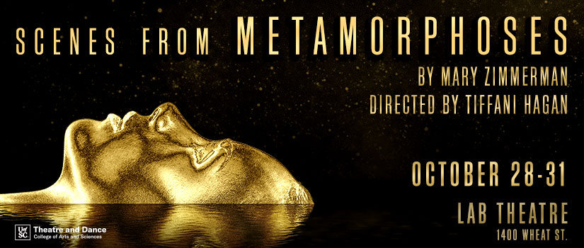 Poster image for Scenes from Metamorphoses showing a woman painted gold lying in water looking up at a starry sky.