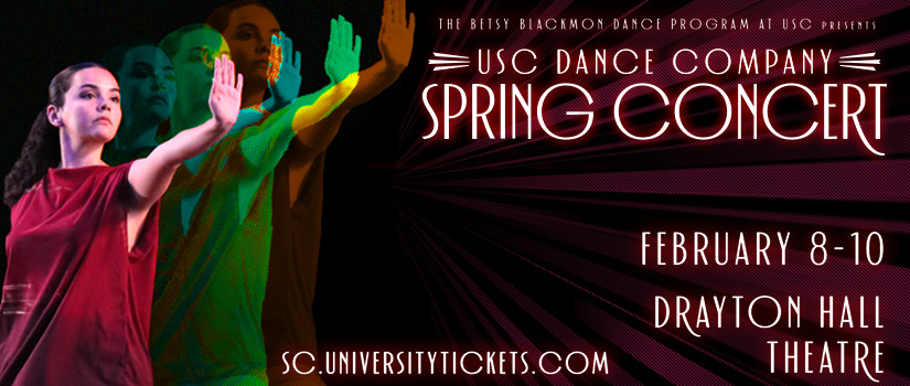 On left, female dancer with arm outstretched, with multiple colored copies of the same image behind her. On the right, the words "USC Dance Company Spring Concert" and show dates.