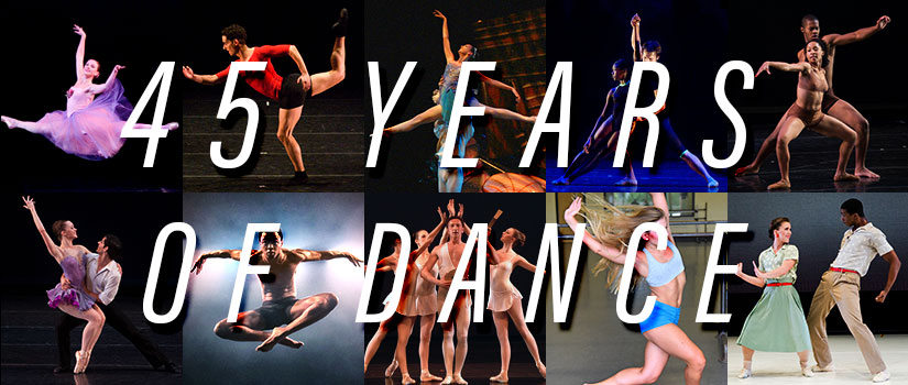 A collage of images of dancers in performance with the words "45 Years of Dance" overlaid.