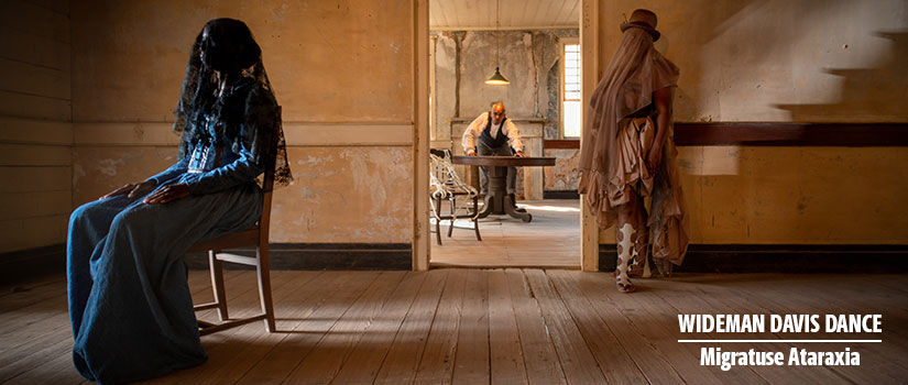 Promotional image for "Migratuse Ataraxia" showing three costumed cast members posed in an antebellum home.