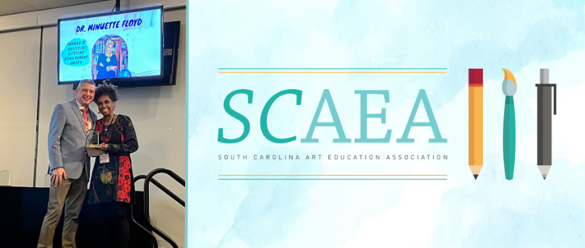 Image of Dr. Minuette Floyd receiving the SCAEA Thomas Hatfield Lifetime Achievement Award. The SCAEA logo and a blue watercolor background are included on the right of the image.