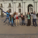 Group of excahnge students in front of historic building