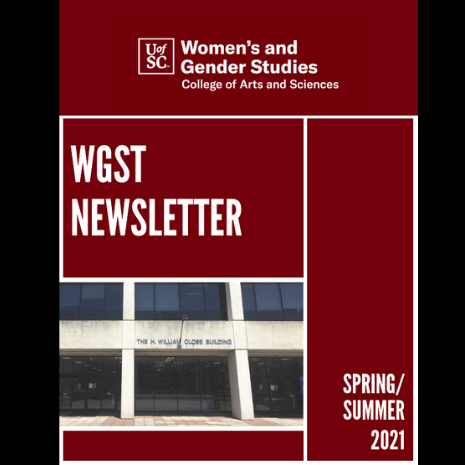 Front cover of newsletter. Garnet and white block background. Top has WGST logo. Reads WGST Newsletter Spring/Summer 2021. Bottom left shows front of Close-Hipp building