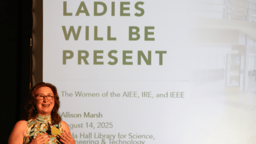 photo of Dr. Allison Marsh giving a lecture titled Ladies Will Be Present