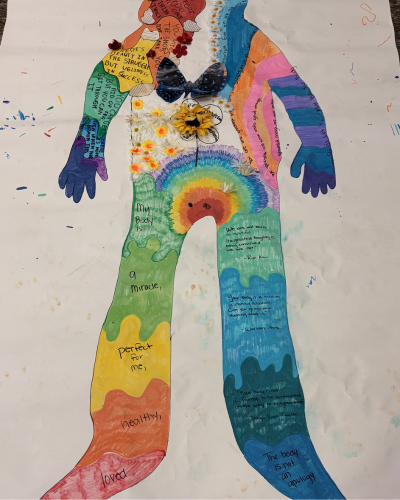 art made by girls in the Juvenile Arbitration program depicting a colorful body with different parts labeled as affirmations