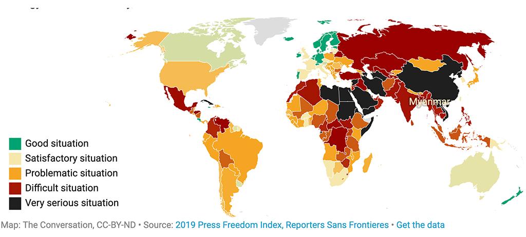 Journalism is under siege internationally, according to the latest report from Reporters without Borders. Only a handful of countries, primarily in northern Europe, have full press freedom. The U.S. ranks 48th of 180 countries ranked, down three spots since 2018. Myanmar, which recently released two journalists jailed for reporting on deaths among the country's Rohingya Muslim minority, ranks 138th of 180.